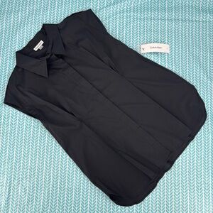 Calvin Klein NWT Black Sleeveless Structured Button Down Shirt, Large